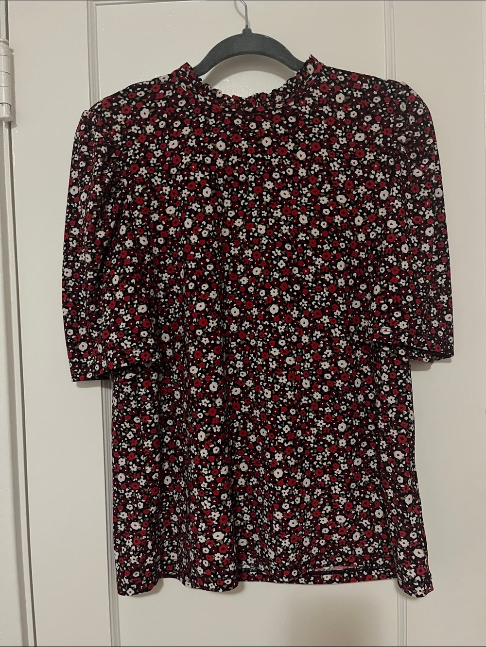 Womens Floral Mock Neck Casual Blouse in Black and Red